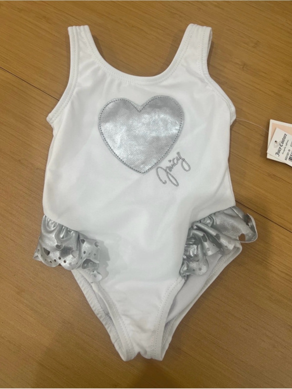 Girls White One-Piece Swimsuit with Silver Heart
